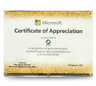 Microsoft Certificate of Appreciation 2015 - 2016